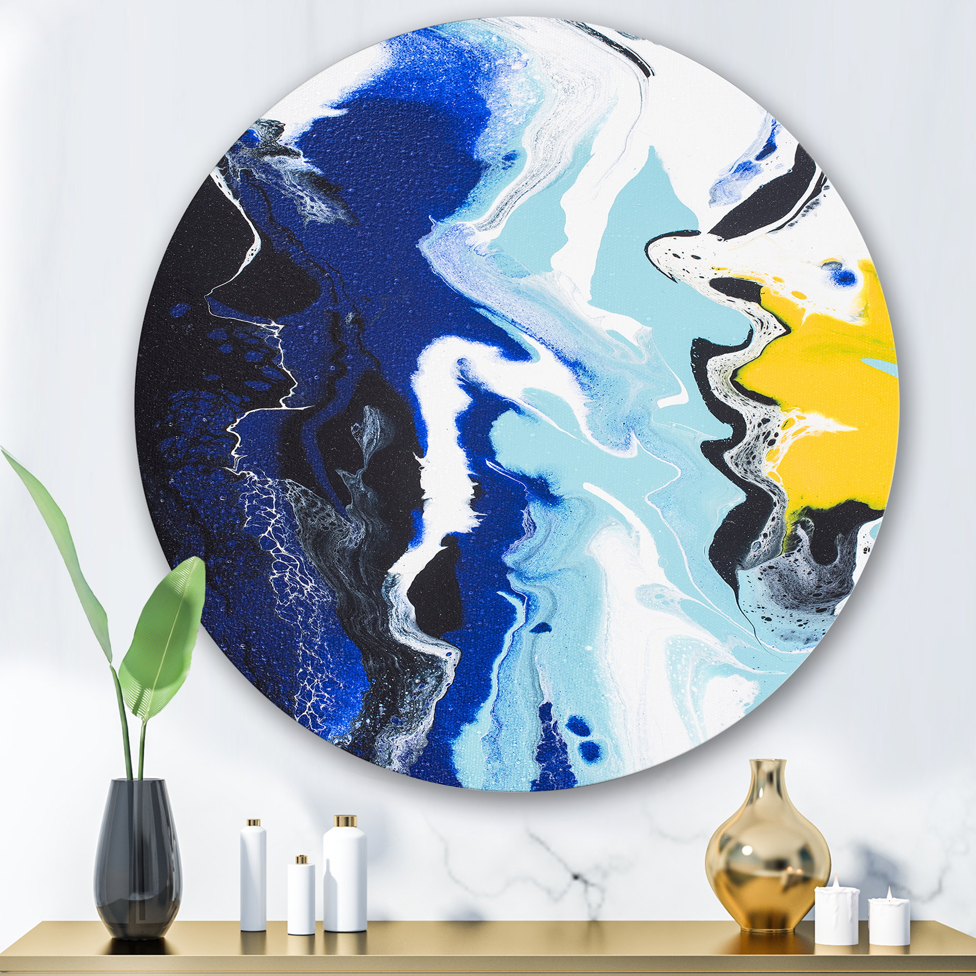 Designart 'Abstract Blue and Yellow Waves' Modern Circle Metal Wall Art 36x36 - Disc of 36