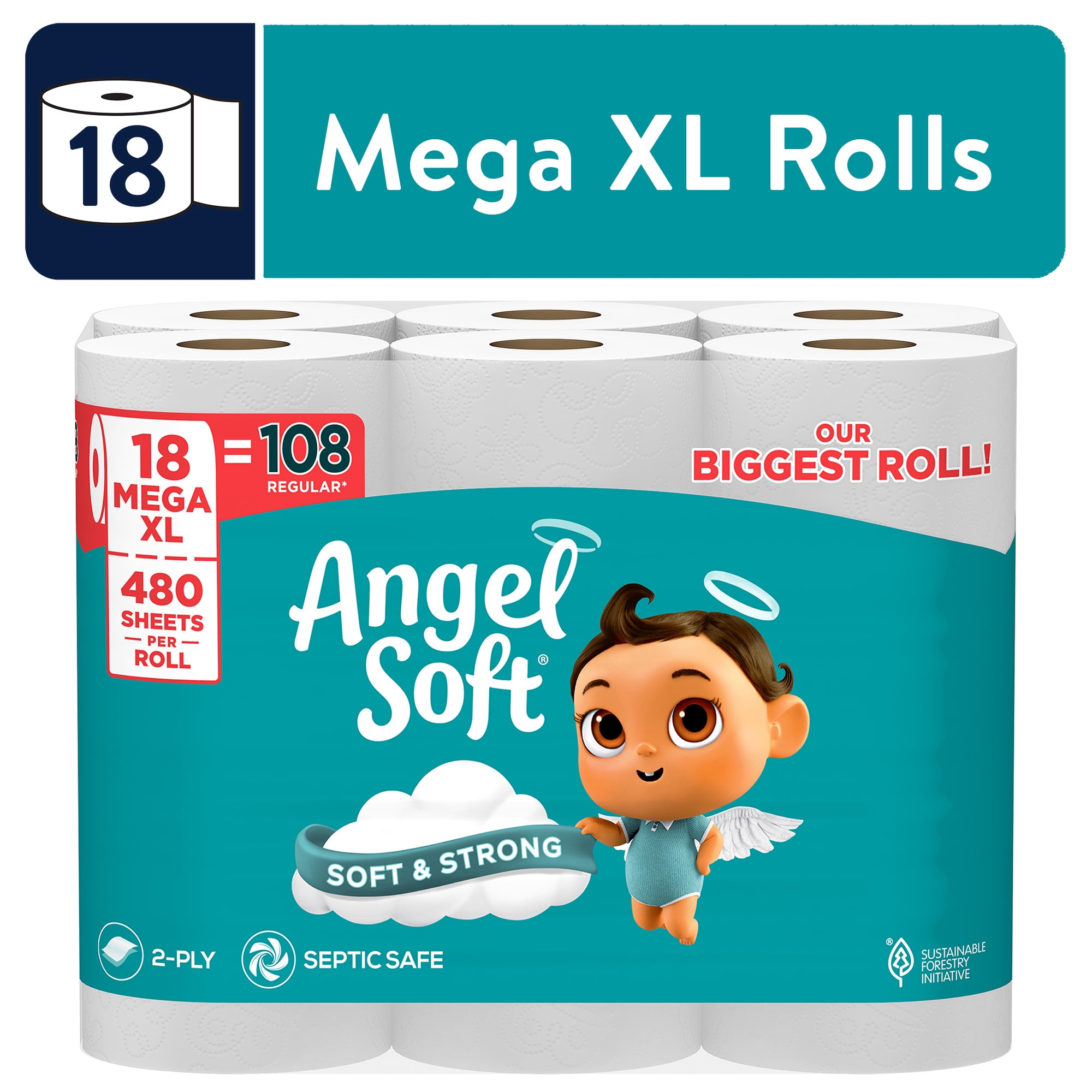 Angel Soft 2-Ply Toilet Paper, 18 Mega XL Rolls, 480 Sheets Per Roll