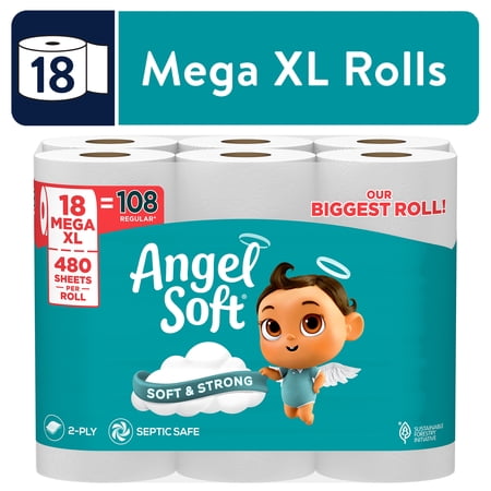 Angel Soft 2-Ply Toilet Paper, 18 Mega XL Rolls, 480 Sheets Per Roll