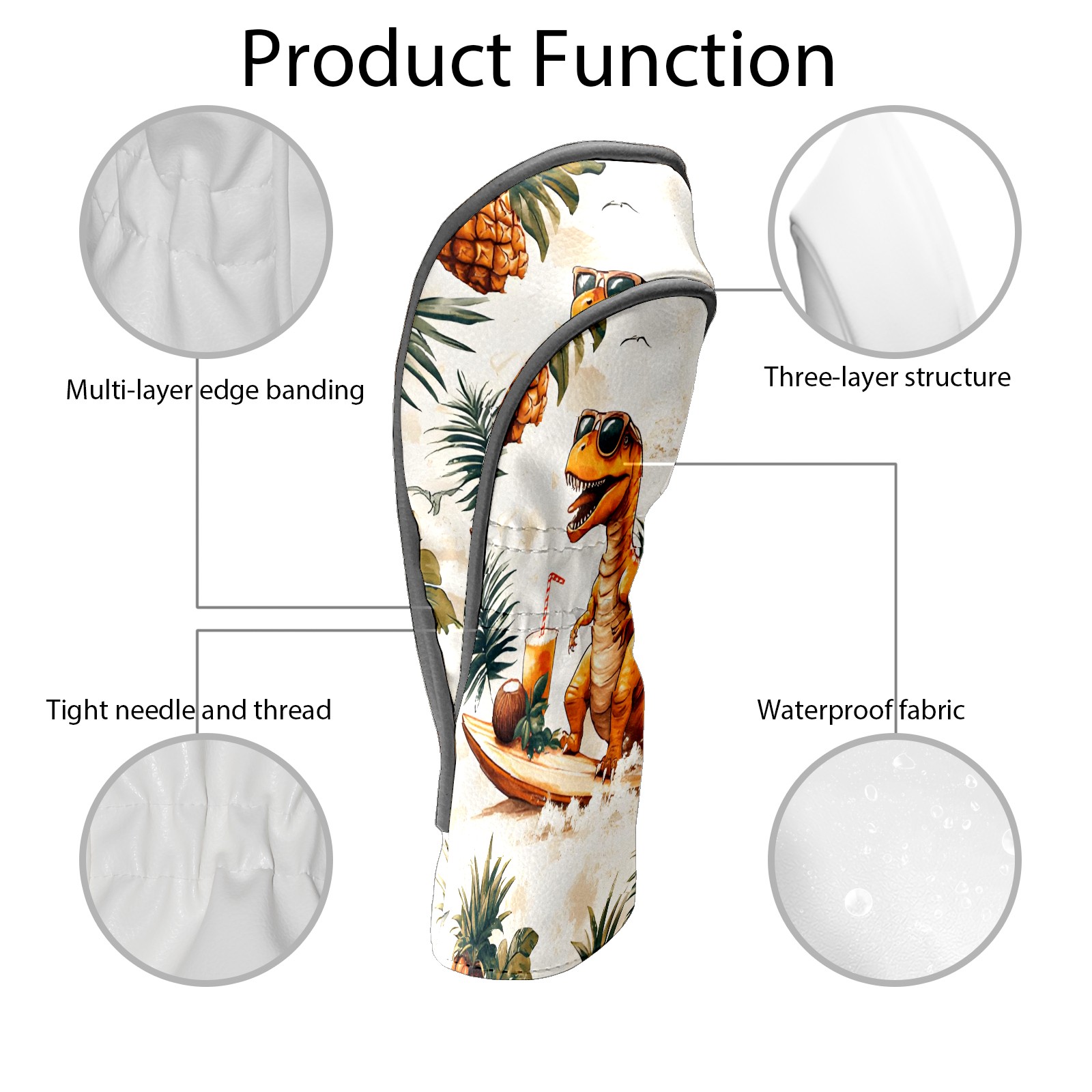 Golf Club Covers, Cream Dino Tropical Premium PU Leather Driver Hybrid Putter Head Covers with Velvet Lining, Waterproof Golf Gifts for Men Women