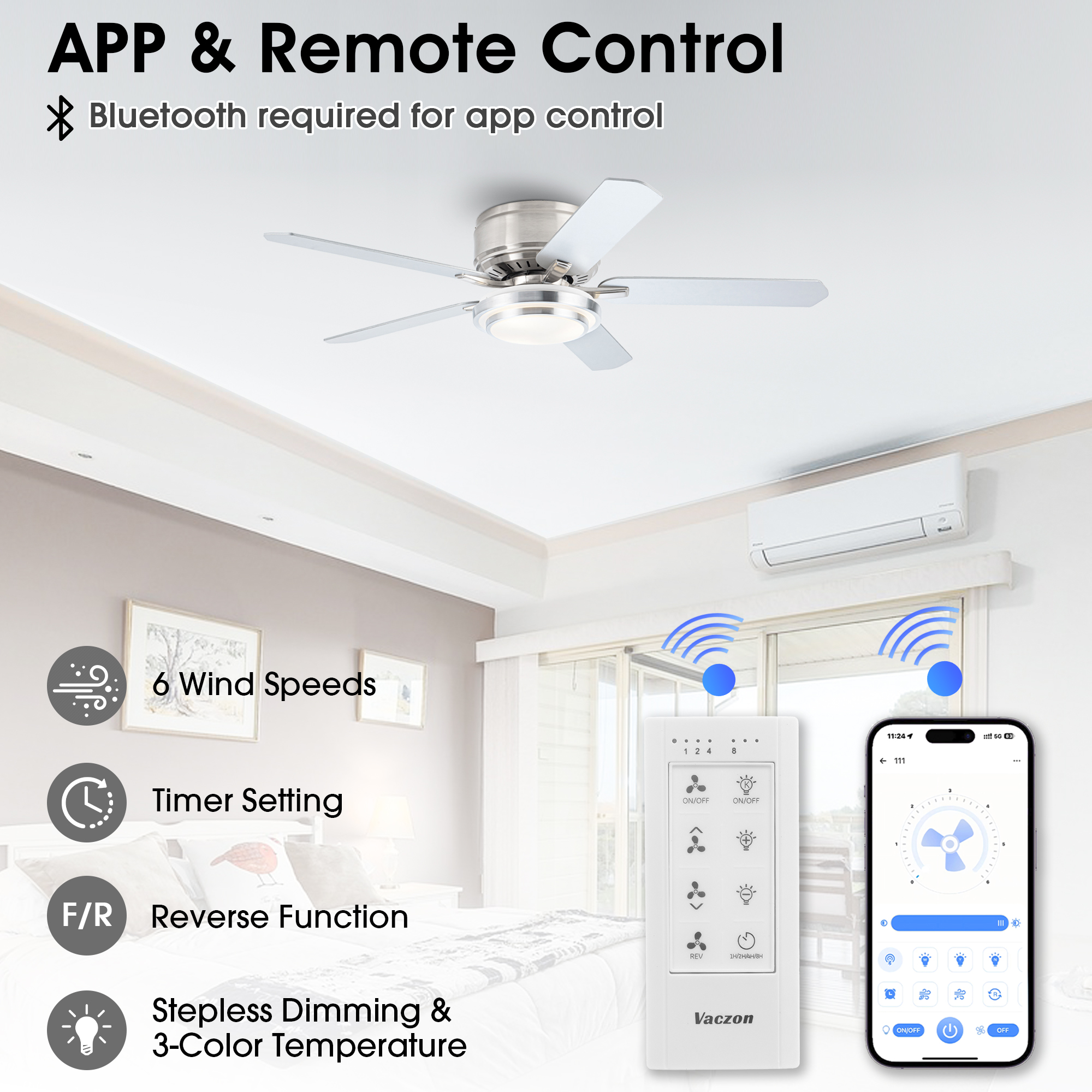 52" Modern Brushed Nickel Flush Mount Smart Ceiling Fan with Dimmable LED Light and Remote