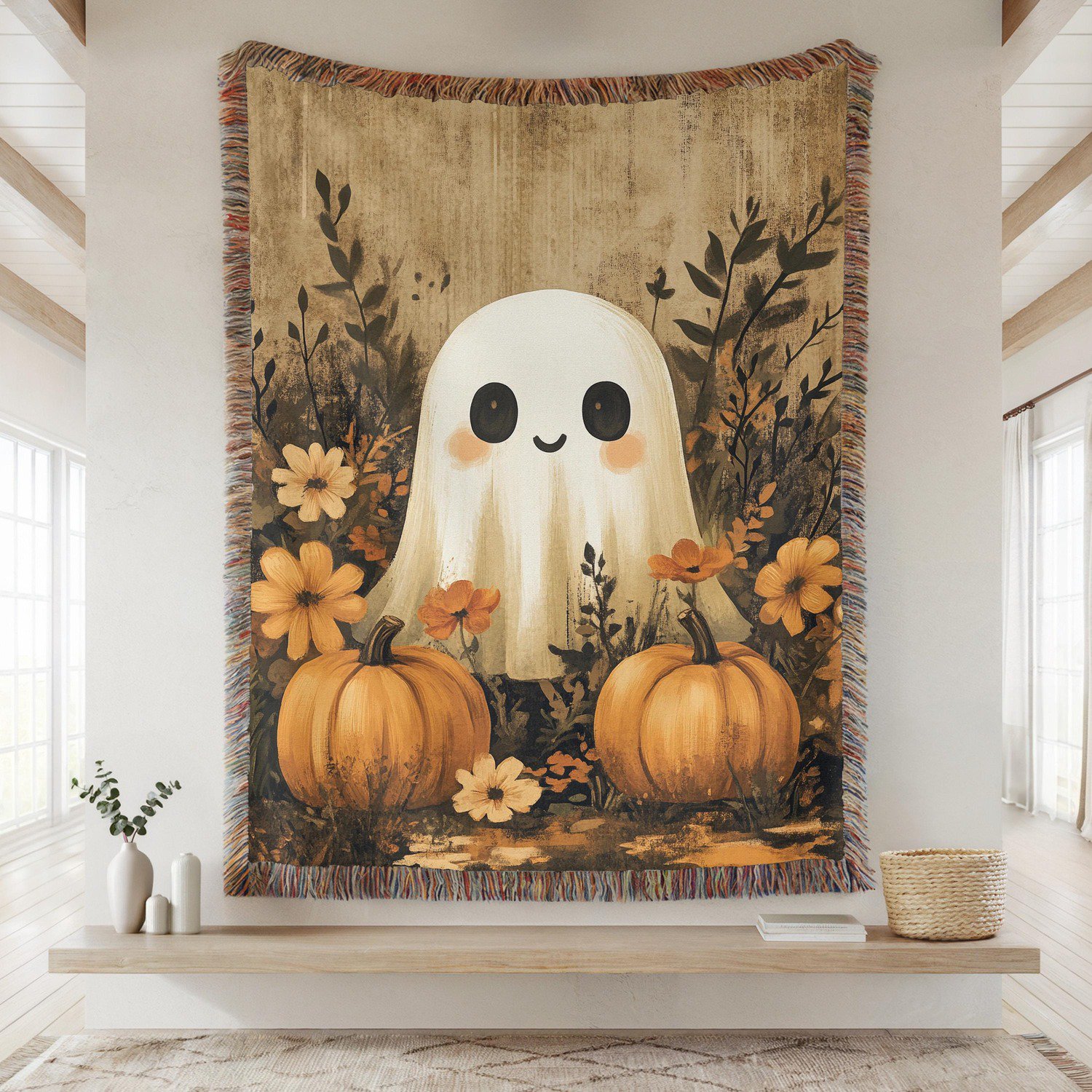 Boho Halloween Cottagecore Fall Woven Throw Blanket Cotton with Fringed Edges for Seasonal Home Decor