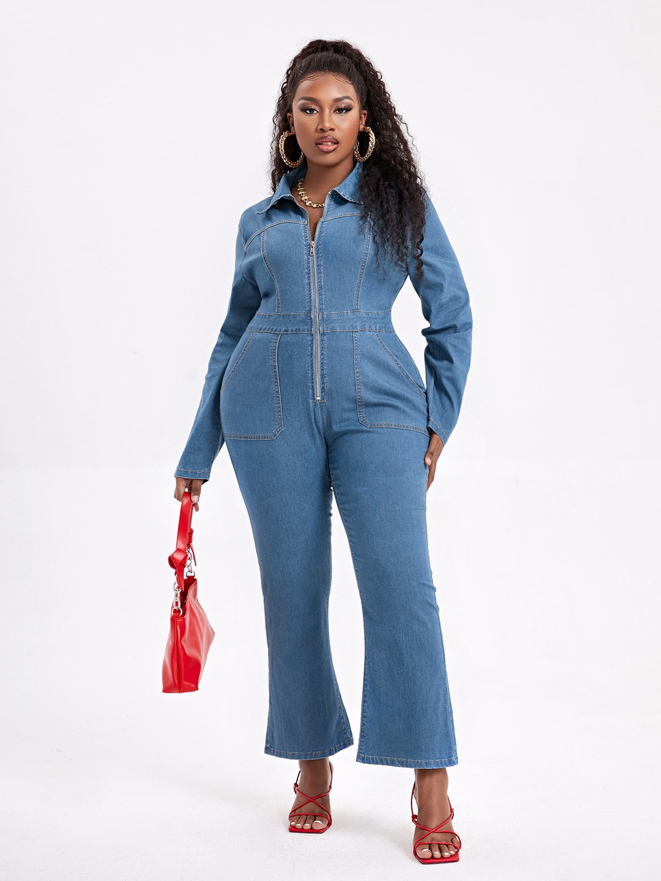 Zip Front Flare Leg Denim Overalls 