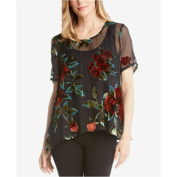 Karen Kane Womens Velvet Burnout Pullover Blouse, Black, Small