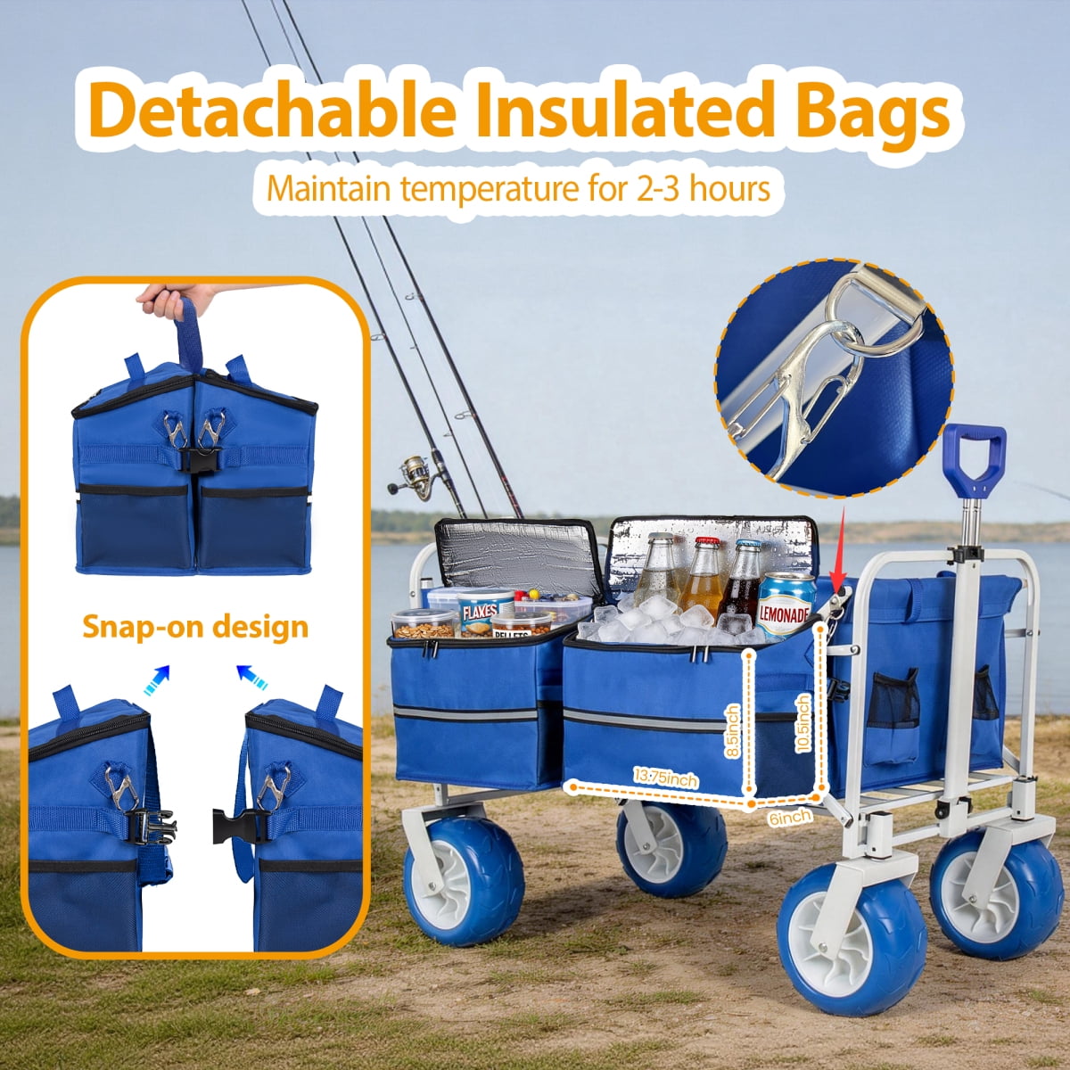 LuckyNote Beach Wagon Cart with Opened Tailgate and 9" All-Terrain Wheels, 500lbs Heavy Duty Collapsible Folding Wagon, Cooler & Storage Bags, Extendable for Kayak, Blue
