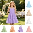 thumbnail image 6 of Kids Girl's Summer Sleeveless Loose Dress Square Neck Purple A-Line Dress With Pleated Decoration And Elastic Waistband Layered Ruffle Kawaii Mid Long Summer Dresses For 7-8 Years, 6 of 6