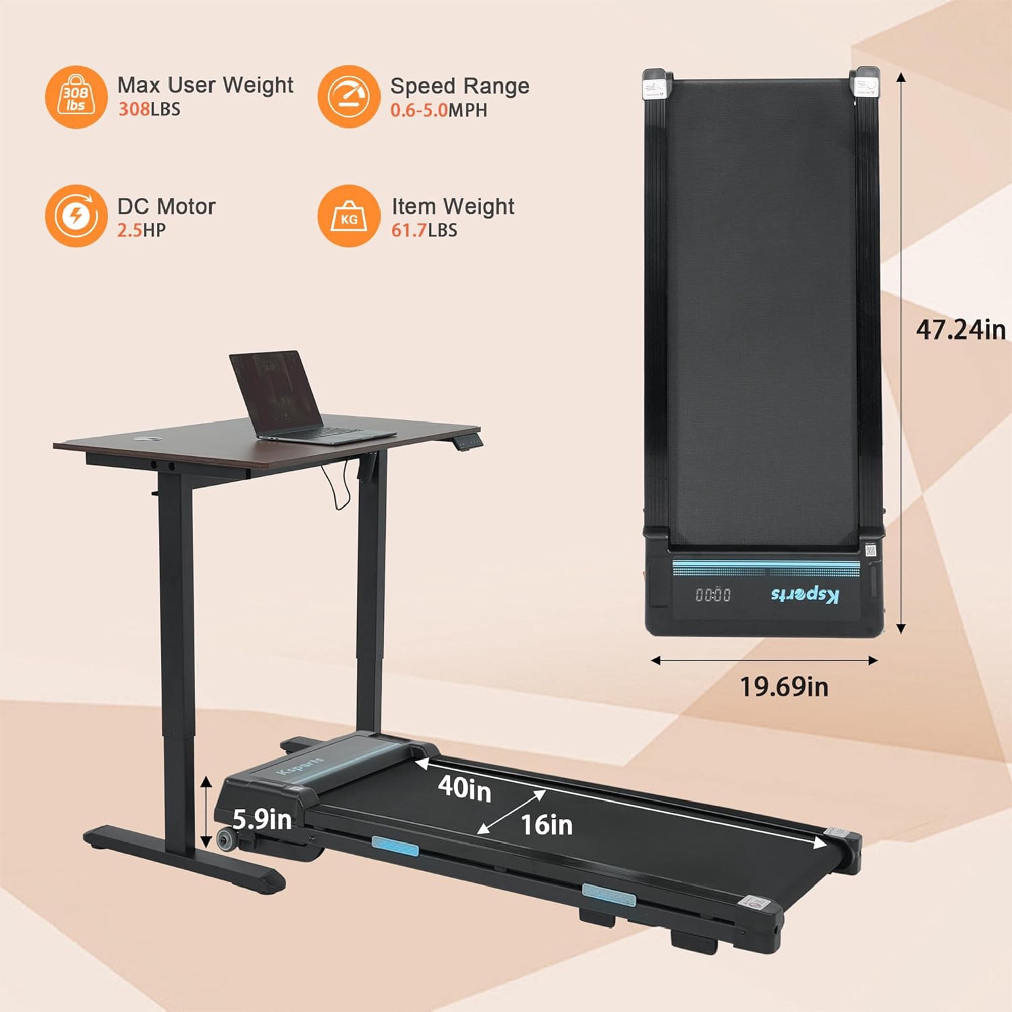 Ksports Under Desk Walking Pad Treadmill with Auto Incline & Wheels, 2.5 HP