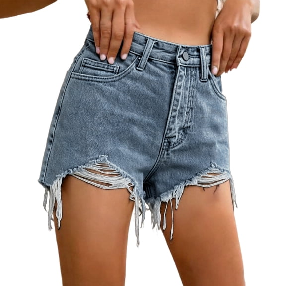 Qgtaibl Womens High Waisted Ripped Denim Shorts Fashion Frayed Tassel Hem Distressed Jean Shorts Summer Casual Jorts with Pockets Sky Blue XXXL