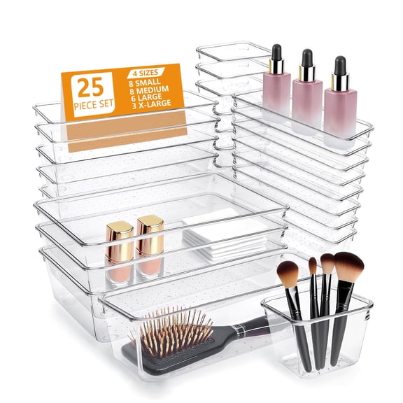 Asnews 25 Pcs Clear Plastic Drawer Organizer Set, 4 Sizes Desk Drawer Divider Organizers and Storage Bins for Makeup, Jewelry, Bedroom, Bathroom, Office
