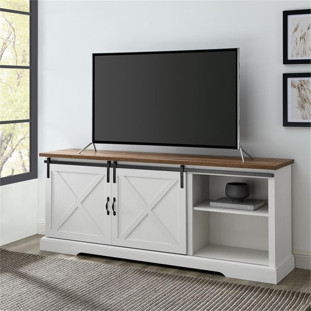 Walker Edison Sliding Barn Door 70" Farmhouse Wood TV Stand in White/Black