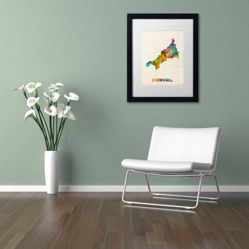 Trademark Fine Art 'Cornwall England Watercolor Map' Canvas Art by Michael Tompsett, White Matte, Black Frame