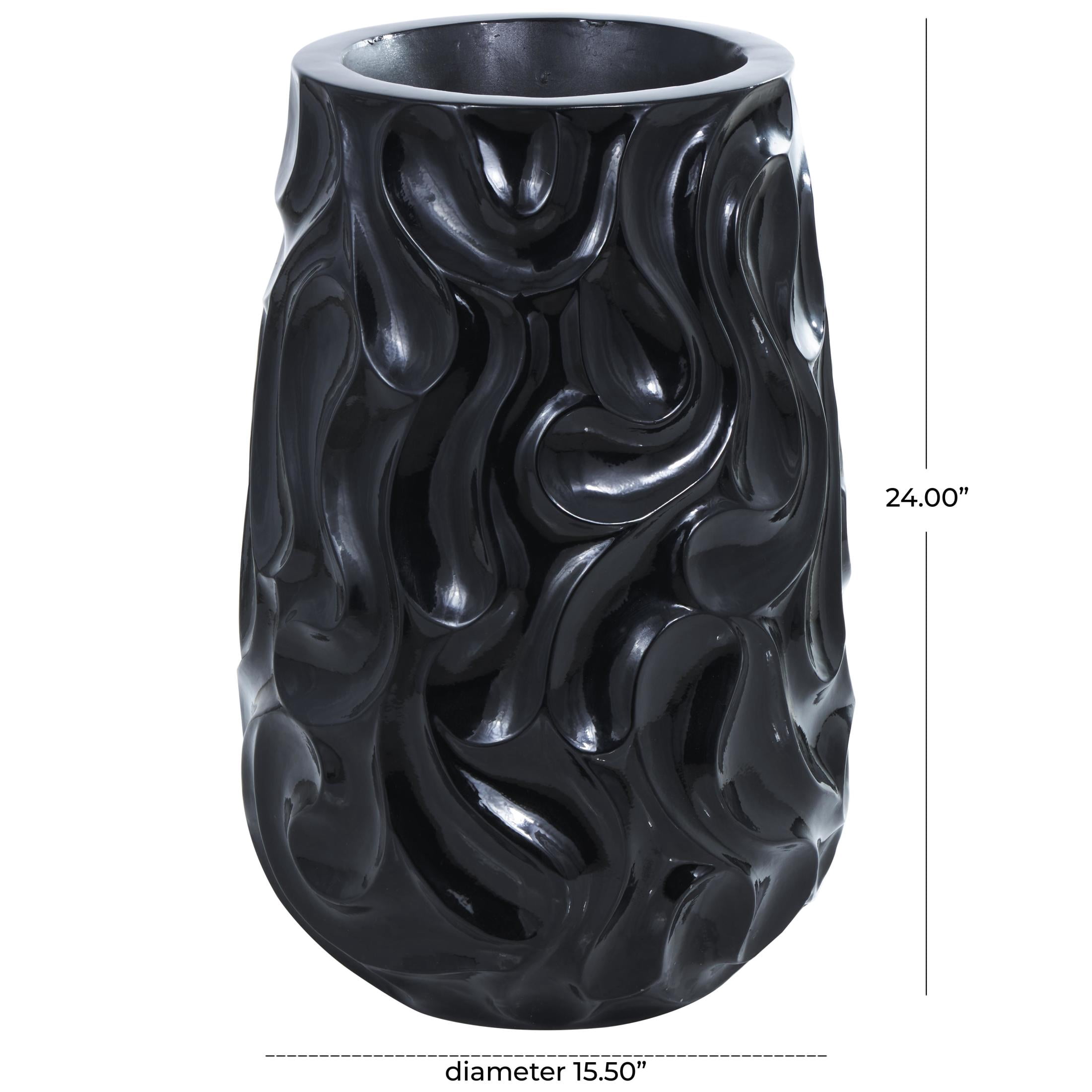 DecMode 24" Abstract Large Wavy Textured Floor Black Resin Vase
