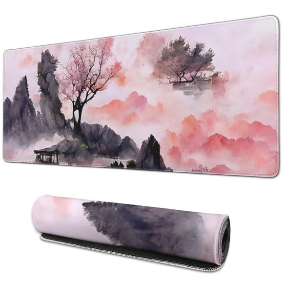 Améliorez Votre Esthétique de Jeu avec Tapis de Souris Fleur de Cerisier Aquarelle : Grand Tapis de Bureau 31.5x11.8 Pouces, Base Antidérapante, Bords Cousus - Idéal pour Environnements de Bureau et de Maison