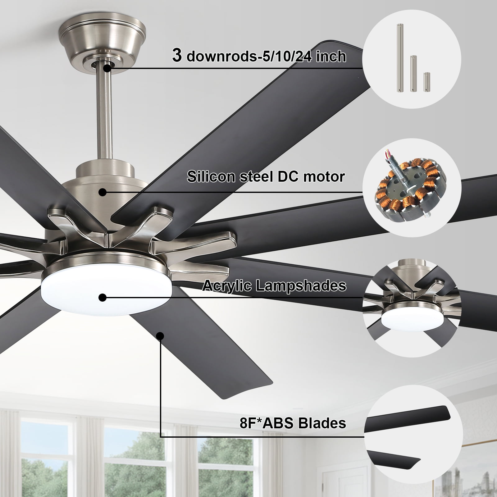 Sofucor 66" Modern Black Ceiling Fan with Light ,Phone APP and Remote,Voice Control