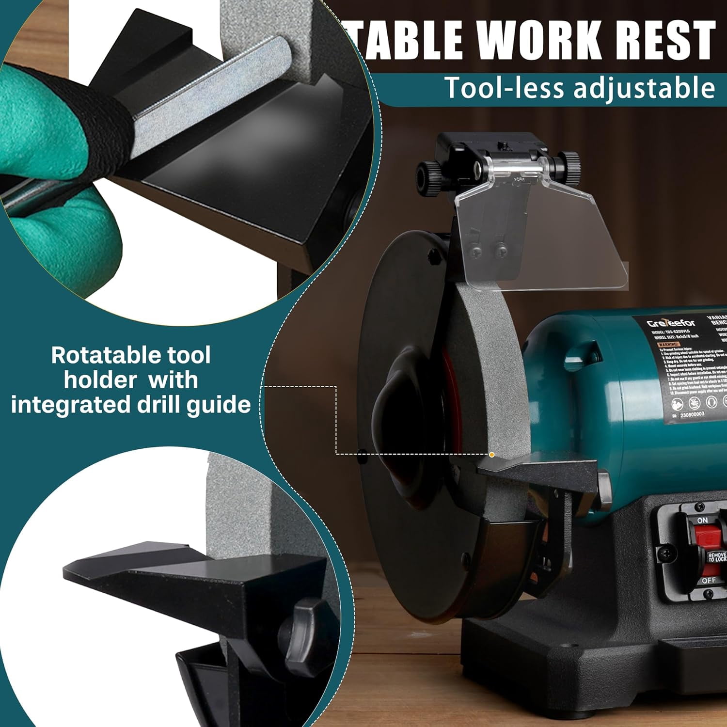 6-Inch Variable Speed Bench Grinder with Grinding Wheel Dresser, 1725–3450 RPM 2.5 Amp Brushless Induction Motor for Sharpening, Grinding & Polishing