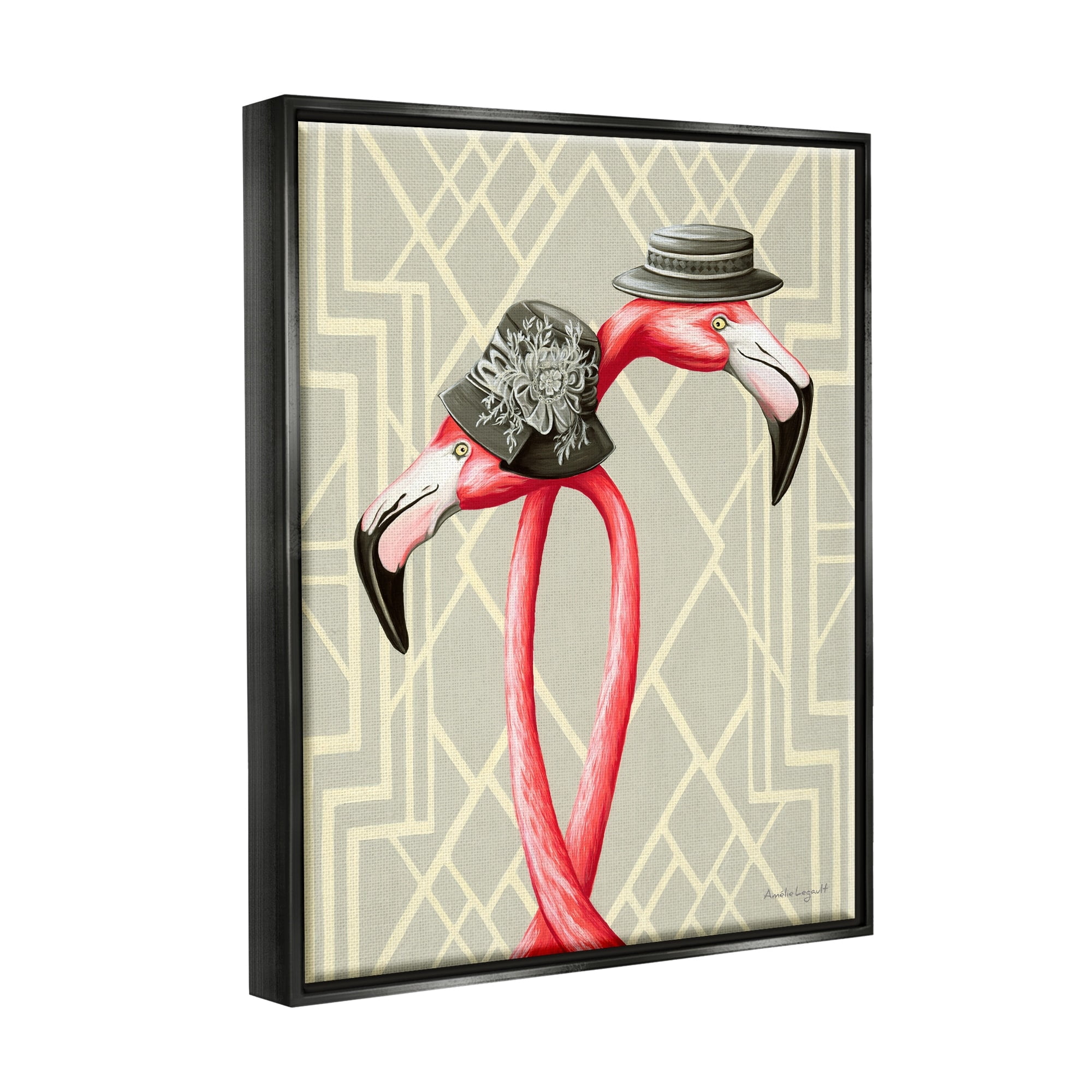 Stupell Industries Pink Flamingos Intertwining Vintage Hats Shapes Design Graphic Art Luster Gray Floating Framed Canvas Print Wall Art, Design by Amelie Legault