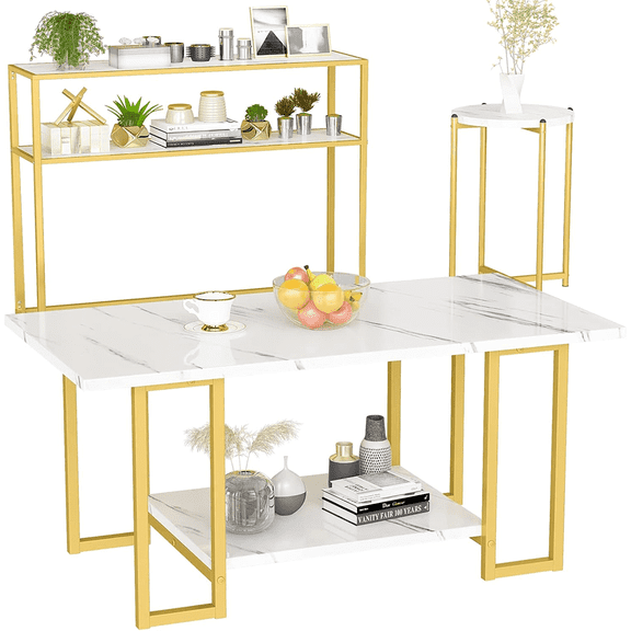 LinkRomat 3-Pieces Living Room Table Sets, Faux Marble Rectangular Table with 2 End Tables, Modern Coffee Table Sets for Small Space, Apartment