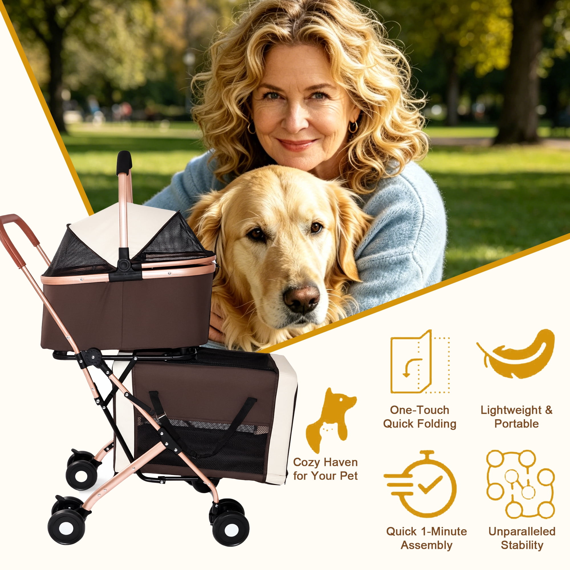 3-in-1 Double Layer Pet Stroller with Detachable Baskets & Handbag, Each Layer Holds 15 LBS, Shockproof 360° Swivel Lockable Wheels, Dual-Button Foldable for Small Dogs Cats Rabbits