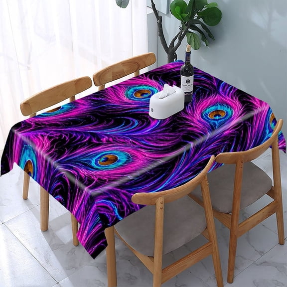 RKSupls Neon Peacock Feather Pattern Rectangle Dining Tablecloth, Washable Wipeable Stain & Wrinkle Resistant Polyester Tablecloth for Kitchen Picnic Party