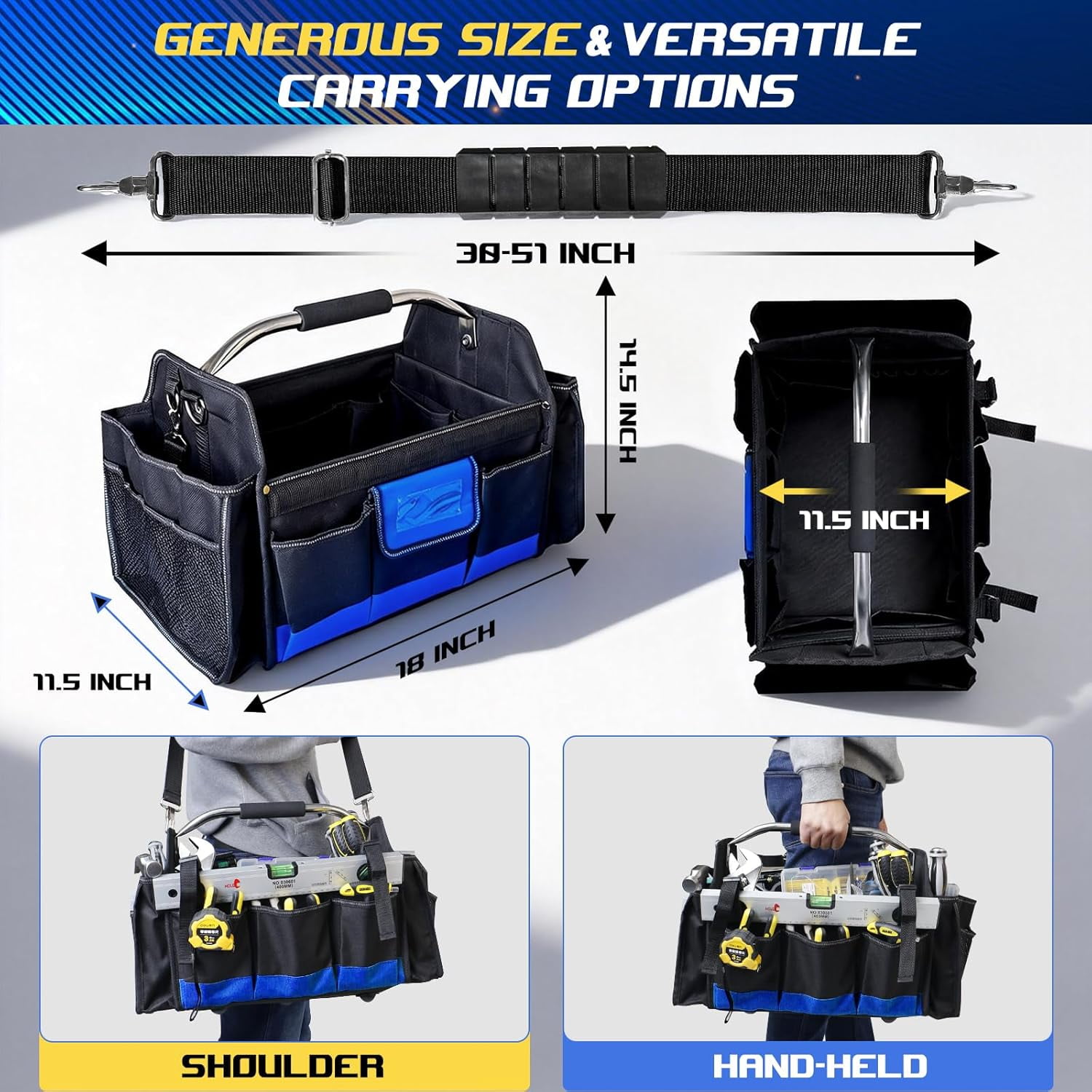 18 Inch Open Top Tool Bag, Tool Bags for Men with 30 Pockets, 1680D Waterproof Fabric, Foldable Electrician Tool Bag with Rotating Handle, Reflective Tool Organizer for Men, Blue