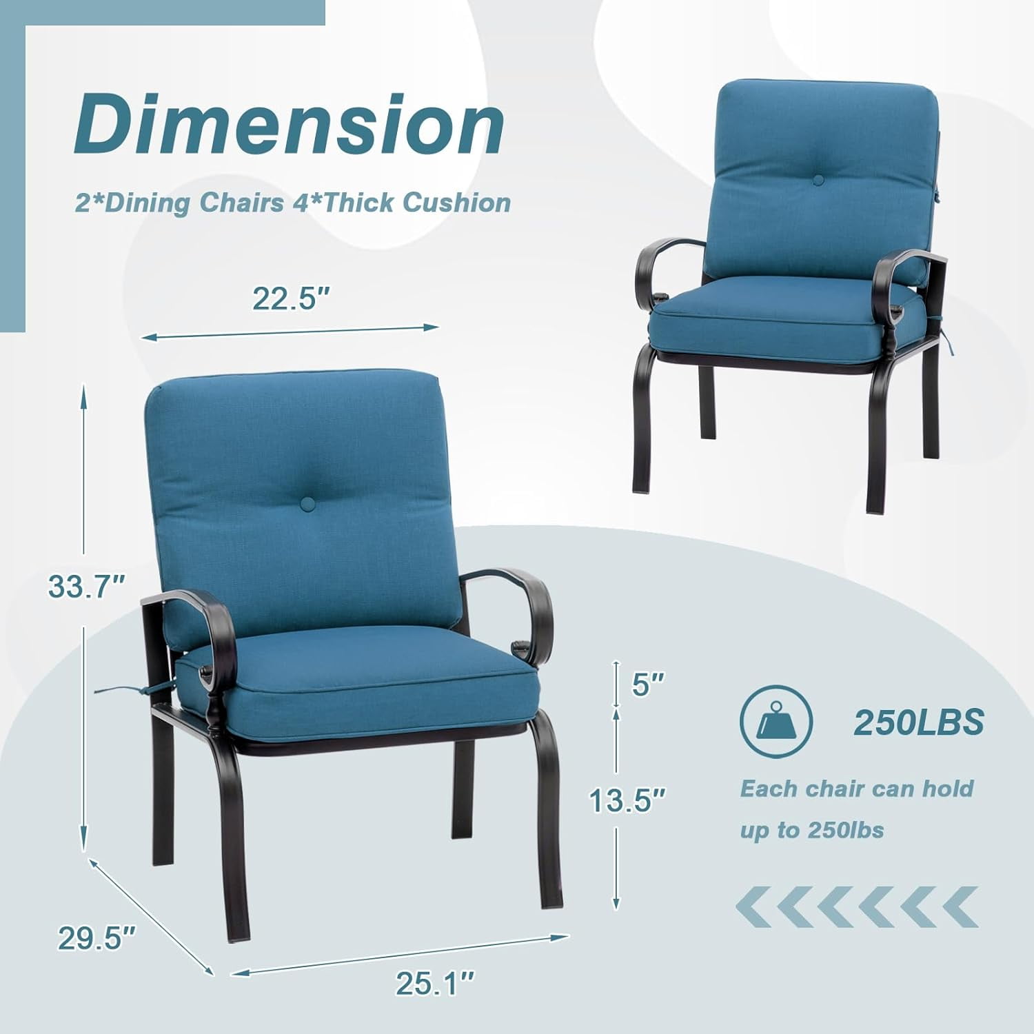 SOLAURA Outdoor Patio Metal Dining Chairs Set of 2 with Peacock Blue Cushions