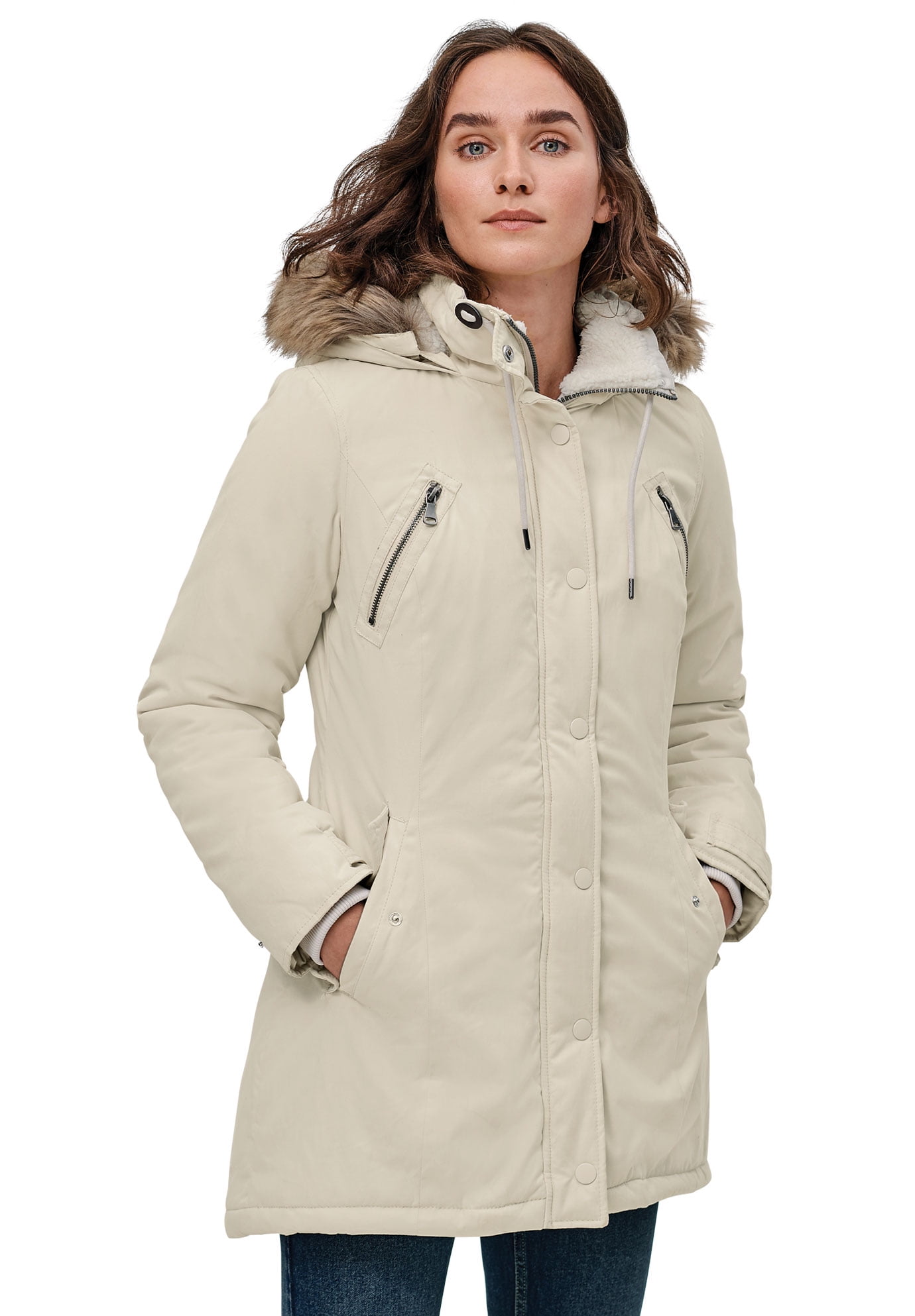 Ellos Womens Plus Size Quilted Faux Leather Sleeve Parka