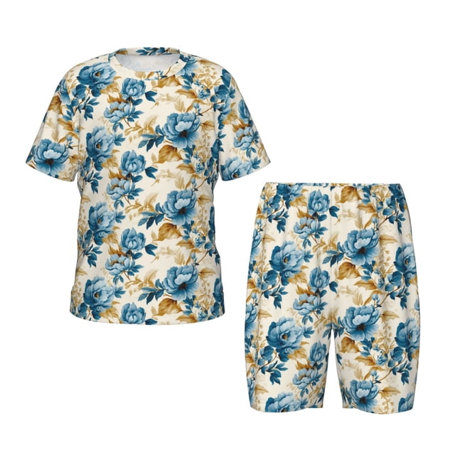 Balery Vintage Blue Flowers Conjunto de Pijama Infantil de Manga Corta con Estampado – Ropa de Dormir de Algodón Suave-Large