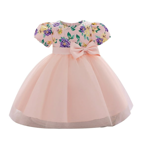 Baby Dress Short Sleeve Bowknot Mesh Festival Christening Pageant Dress Dresses Girls Pink 3 Months-6 Months
