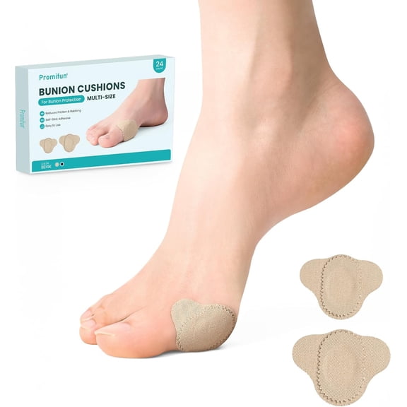 Promifun Bunion Pain Relief Pads Bunion Cushion Moleskin Protect Feet Self-Stick Cushion 24 Count,Multi-Size,Beige