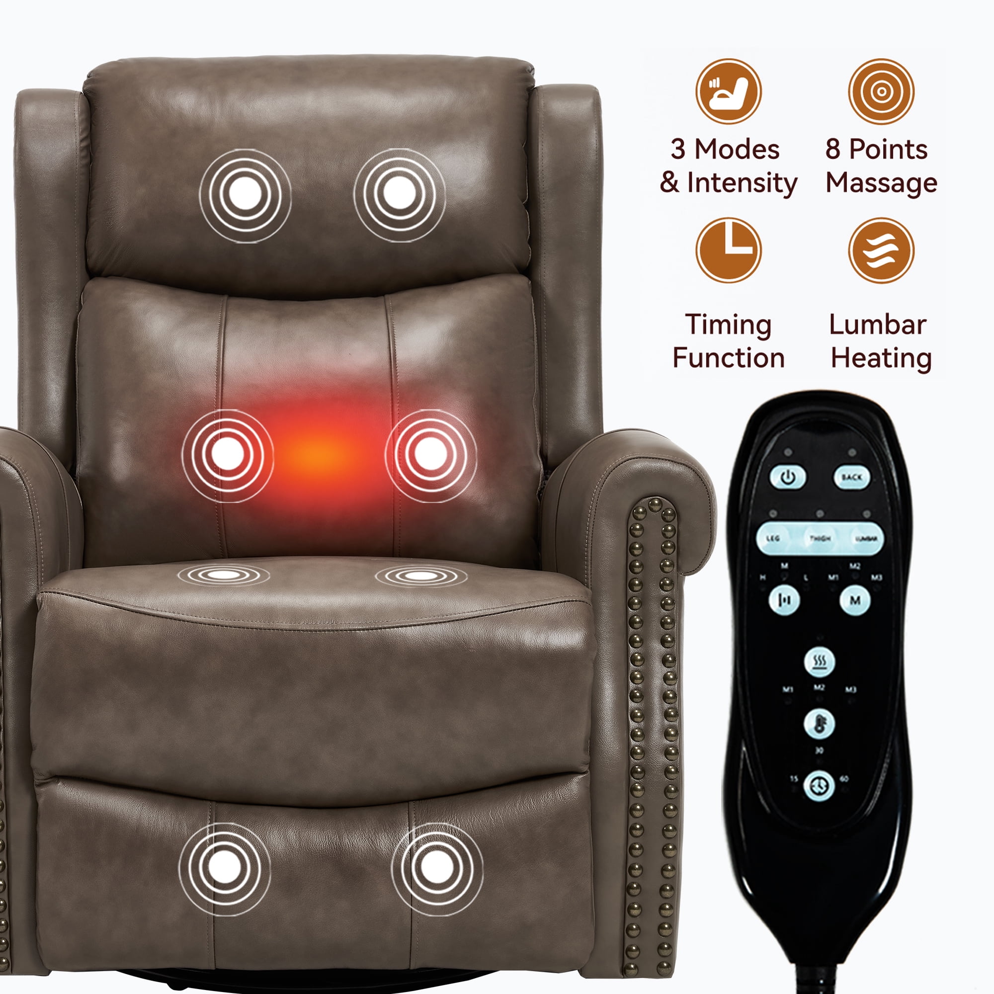 Leumius Swivel Rocker Recliner Chair with Vibration Massage and Lumbar Heating,Ergonomic Lounge Chair with Rocking Function,Rivet Design,Brown+Gray