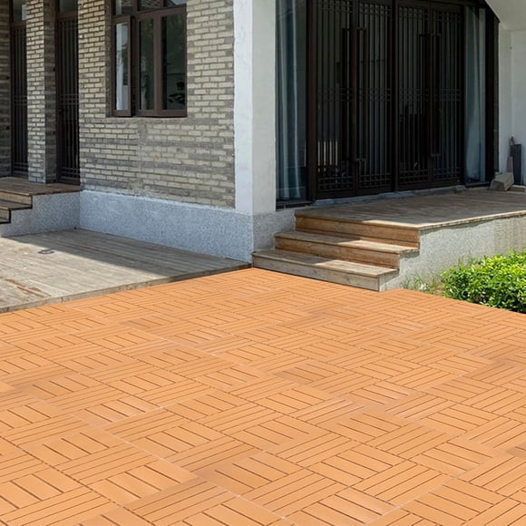 KALLORY 4Pcs Brown Interlocking Deck Tiles Durable Plastic Outdoor Flooring for Home Balcony Patio