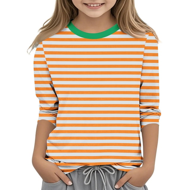 MeetoTime Filles Enfants T-shirt à Manches 3/4 Col Ras du Cou Rayé Imprimé d'Été Décontracté Vêtements pour Enfants 3-12 Ans