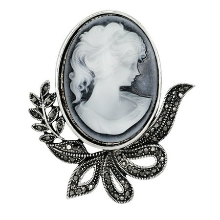 Hematite Cameo - Bow Antique Silver Victorian Lady Hematite Crystal Cameo Brooch Pin Choker BROOCH-13