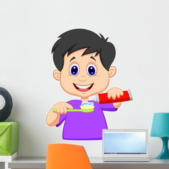 Kid Squeezing Tooth Paste Wall Decal Mural by Wallmonkeys Peel and Stick Graphic (24 in H x 19 in W) WM45038
