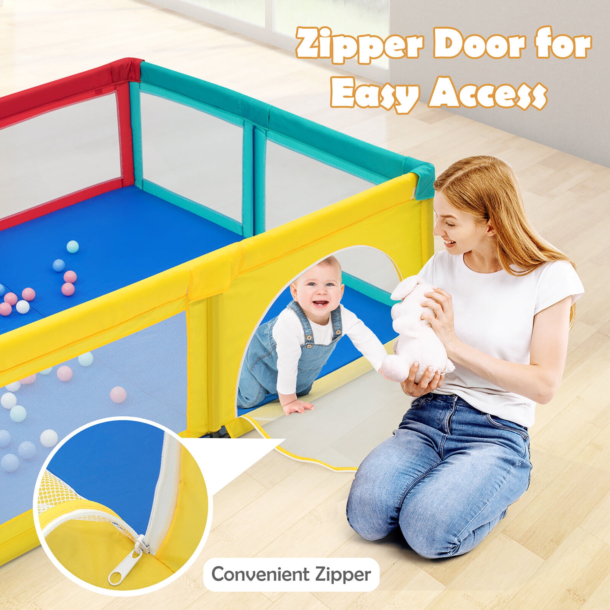 Gymax Extra Large Baby Playpen Safety Baby Play Yard w/ 50 Ocean Balls & 4 Handles Colorful