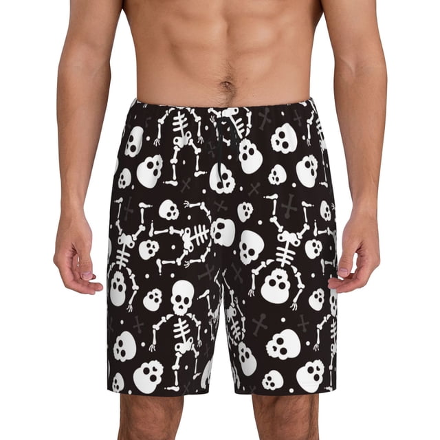 Balery Skeleton Pantalones cortos de pijama de punto de algodón para hombre con cinturilla y bolsillos-X-Large
