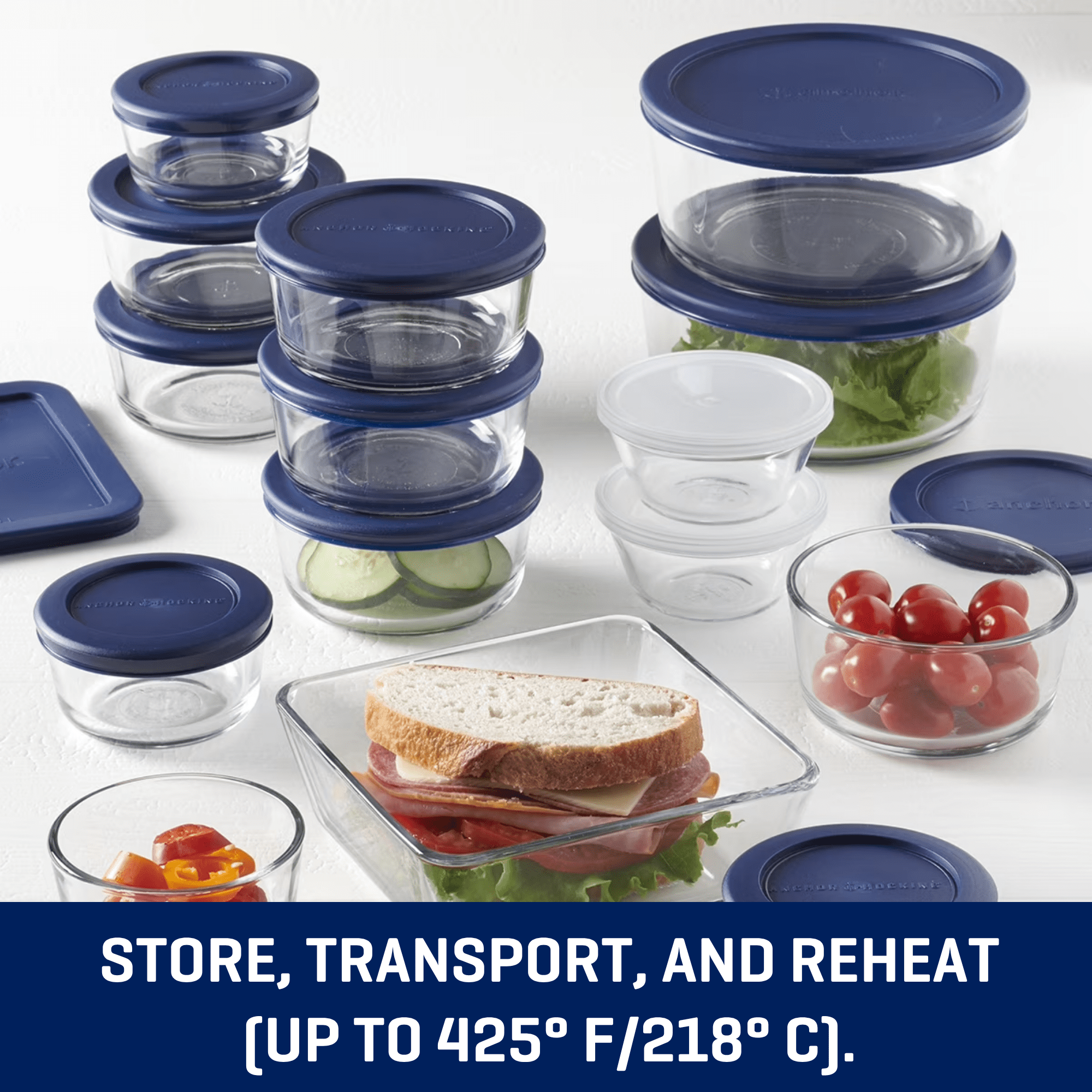 Anchor Hocking Clear Glass Food Storage,30 Piece Set with Navy Lids