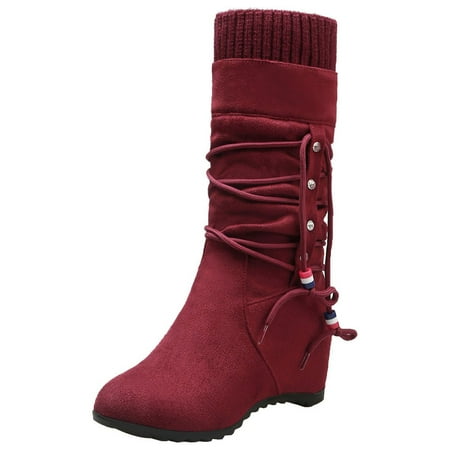

Fesfesfes Fuzzy Boots for Women Suede Mid-boots With Inner Raised Round Ethnic Style Wool Barrel US:7(39)