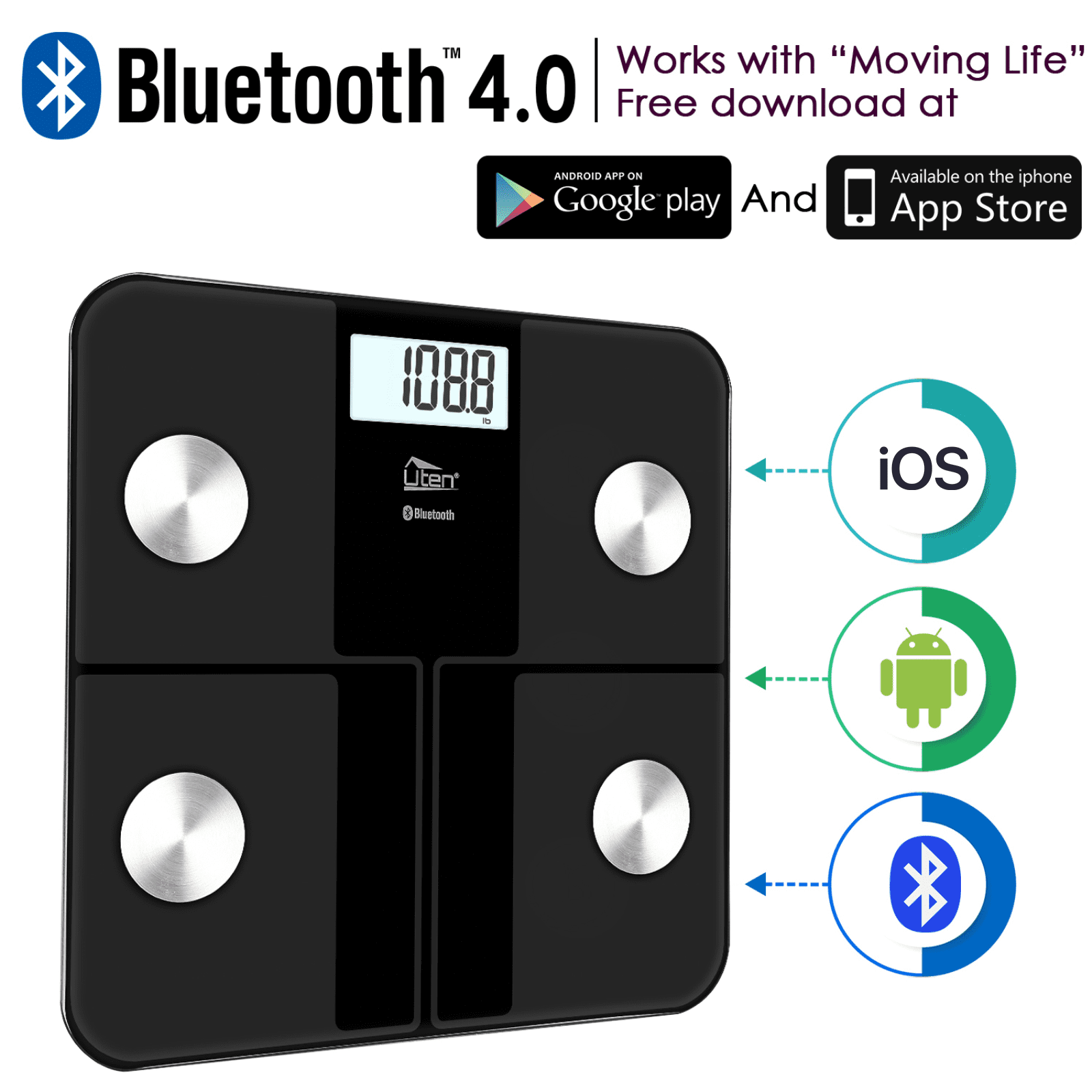 Uten Smart Digital Scale, Bluetooth Body Fat & Composition Analyzer with LCD Display, 400 lbs Capacity, Health Monitor, Black