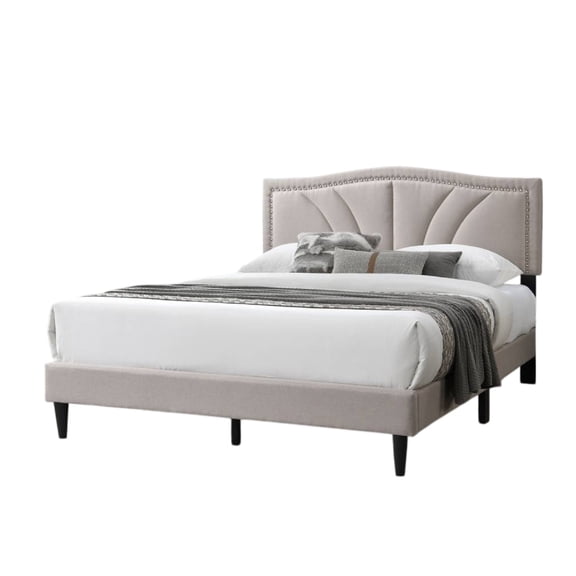 Reo Queen Size Bed, Light Brown Burlap Upholstered Curved Headboard