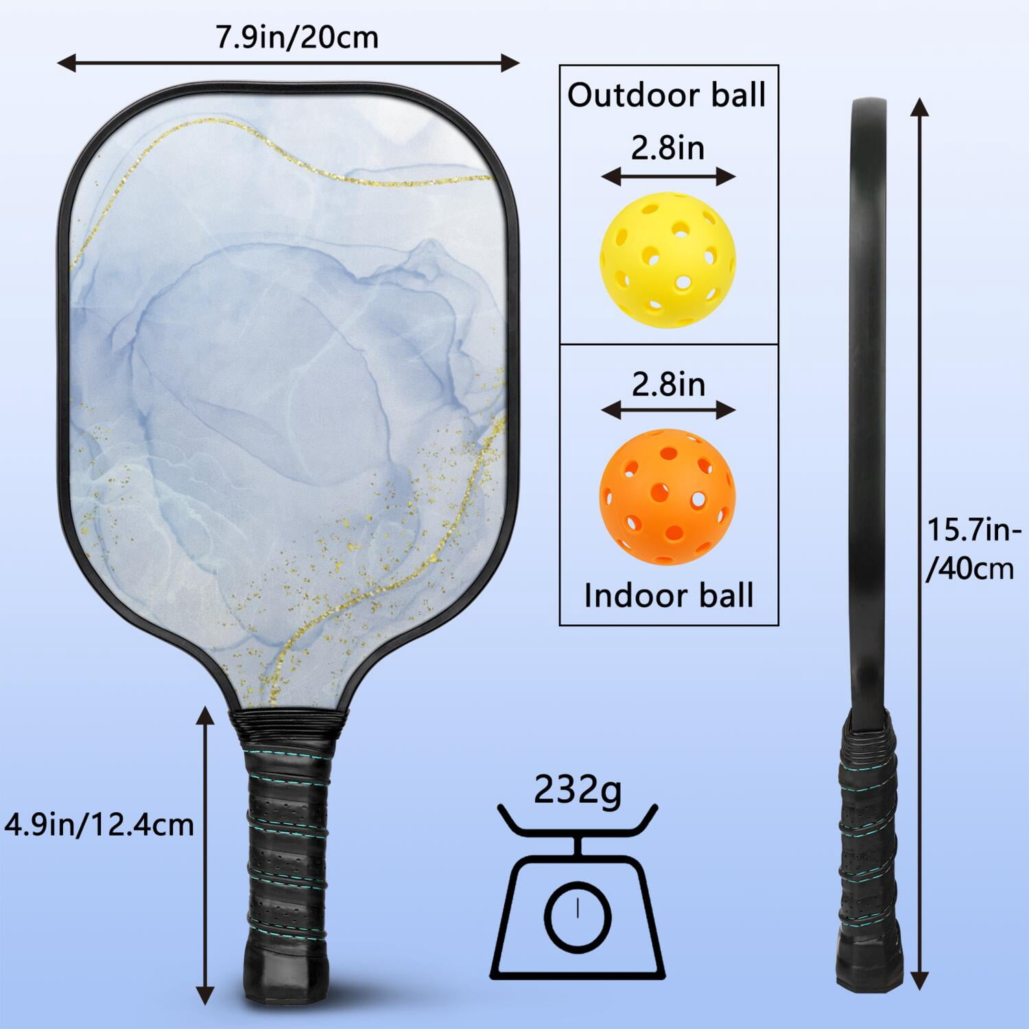 Pickleball Paddles Set Of 2, Fiberglass Surface, Turquoise Marble Pattern, 4 Balls & Bag
