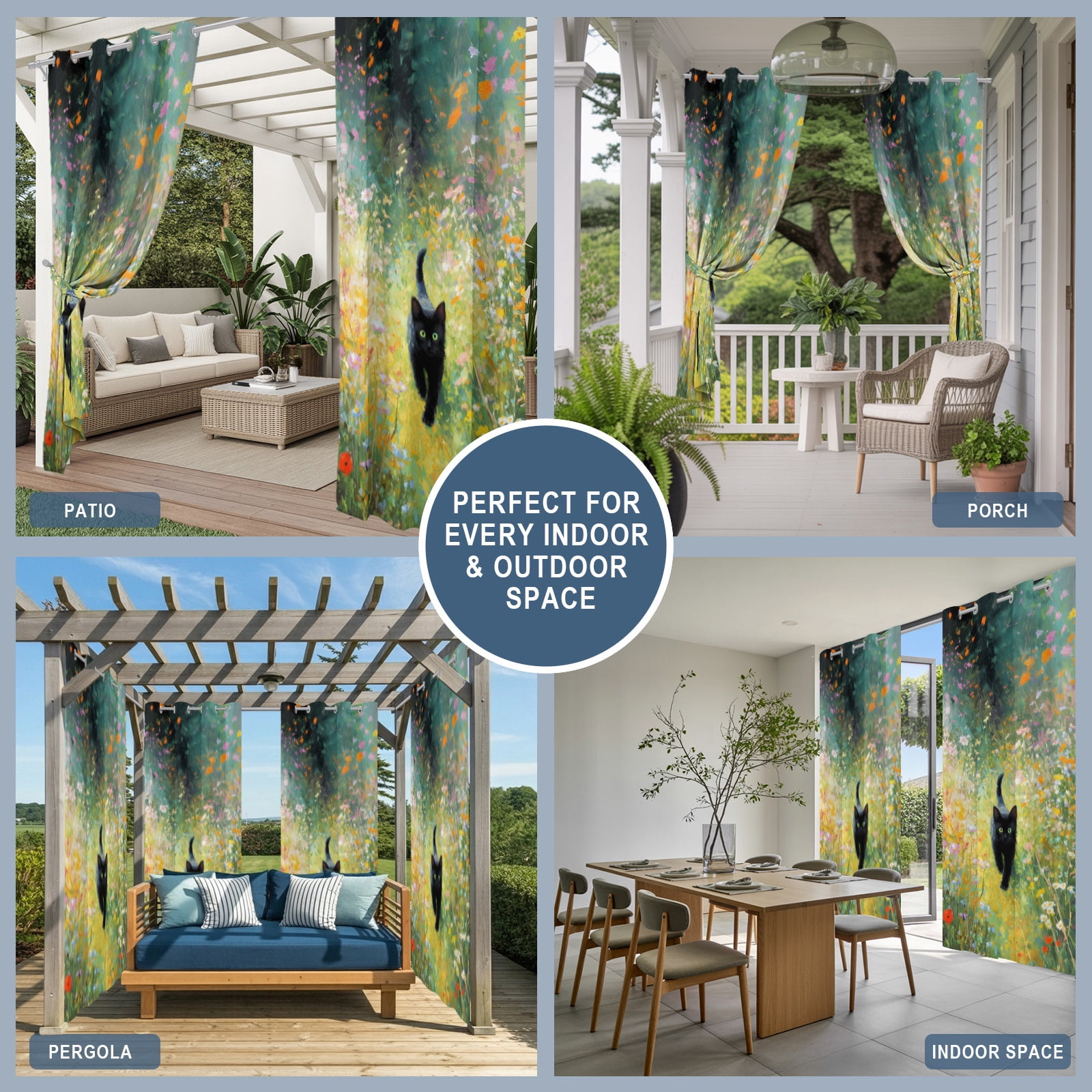 Black Cat Outdoor Curtains for Patio, Colorful Floral Wildflowers Garden Boho Sunshade Privacy Drapes Grommet Waterproof Outside Curtains for Porch/Cabana/Balcony 54"x 108", 1 Panel
