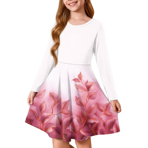 Inglocry Girls Long Sleeve T-Shirt Dresses Kids Fall A-Line Twirly Skater Dresses Swing Fashion Dress For Girls 5-14 Years Light pink 7-8Y