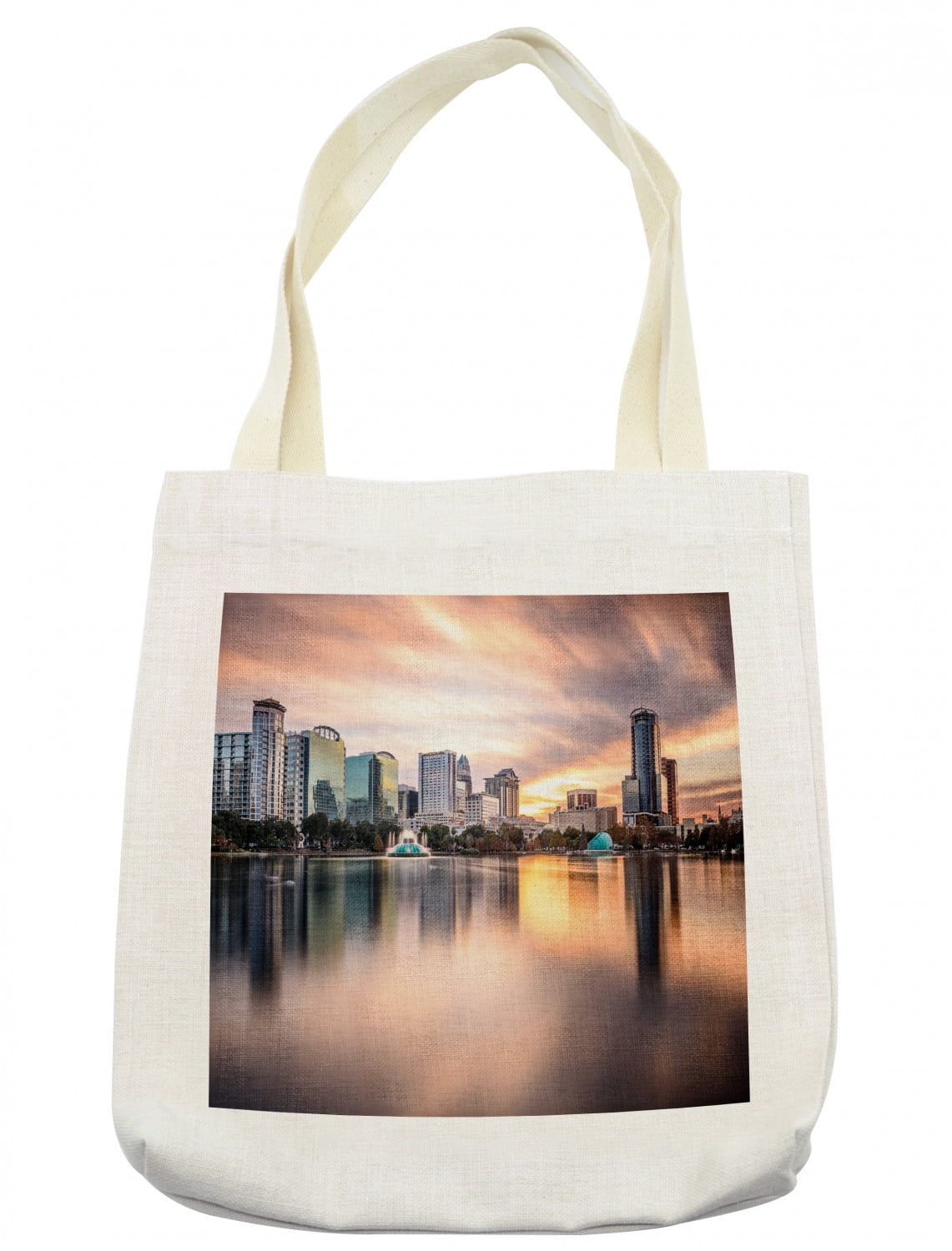 American Tote Bag, USA Florida Downtown City Skyline View from the Lake  Foggy Scenic Panorama, Cloth Linen Reusable Bag for Shopping Books Beach  and 