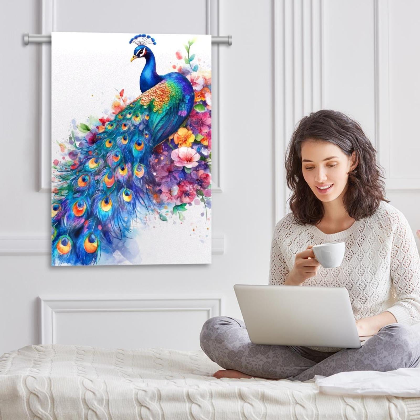 Watercolor Peacock with Feathers Flowers Double Sided Garden Flag Decorative Weather Resistant Yard Flag, Large DIY Vertical Flag for Farmhouse Patio Lawn, 28x40 Inch