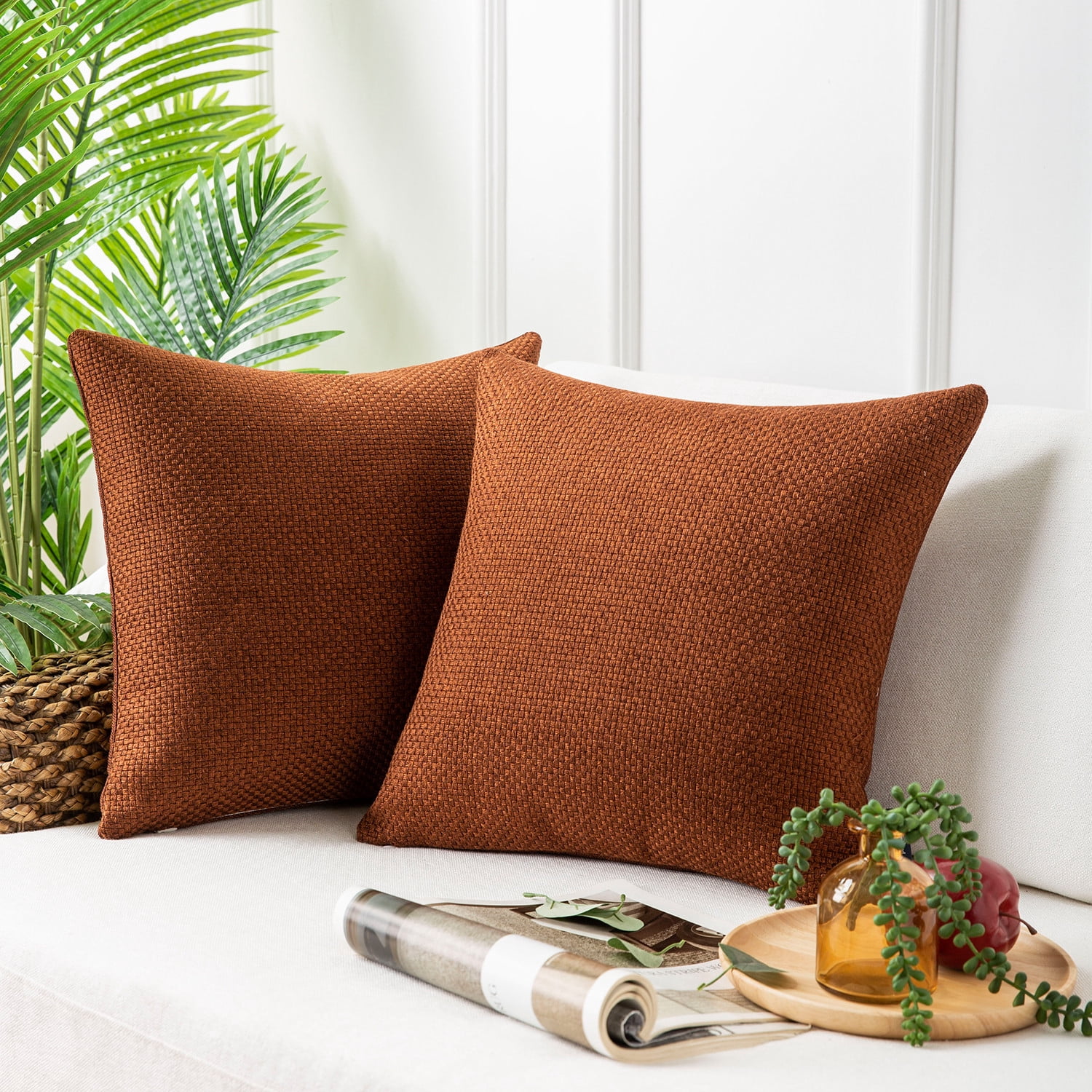 Phantoscope Woven Textured Checker Pattern Decorative Throw Pillows with Inserts, 18 x 18 in, Deep Coffee, 2 Pack