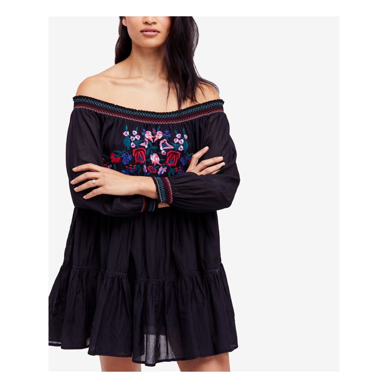 FREE PEOPLE Womens Black Embroidered Off Shoulder Mini Dress M