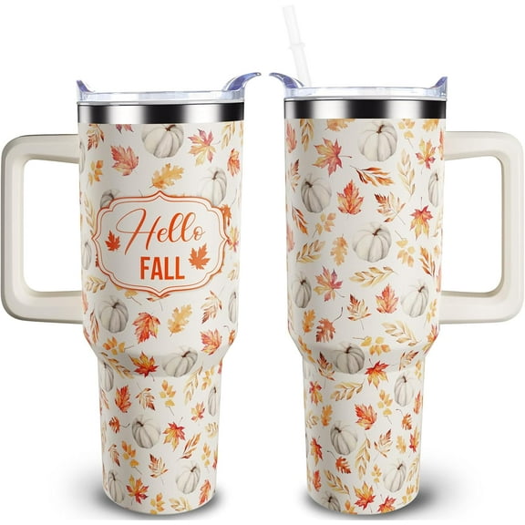 Fall Pumpkin Tumbler 40oz with Handle & Straw - Vacuum Insulated Stainless Steel Travel Mug - Coffee Water Bottle - Thanksgiving Autumn Decor Gift for Women