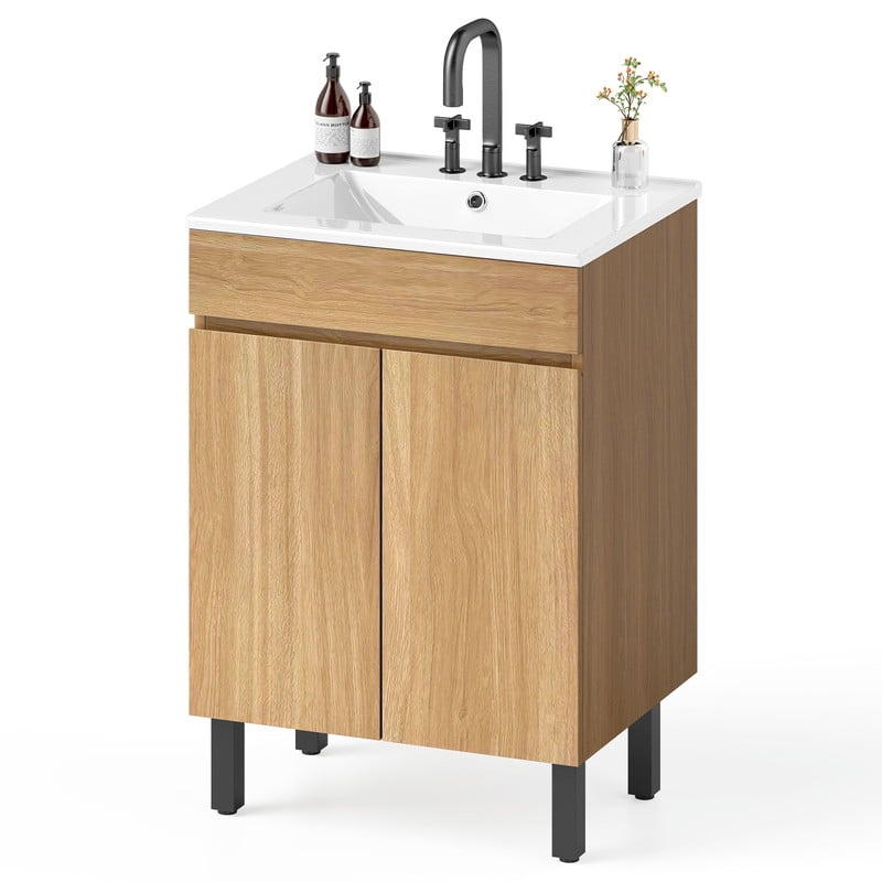 Uforic 24" Bathroom Vanity with Undermount Sink, Modern Free Standing Bathroom Storage Cabinet with Soft Close Door, Brown