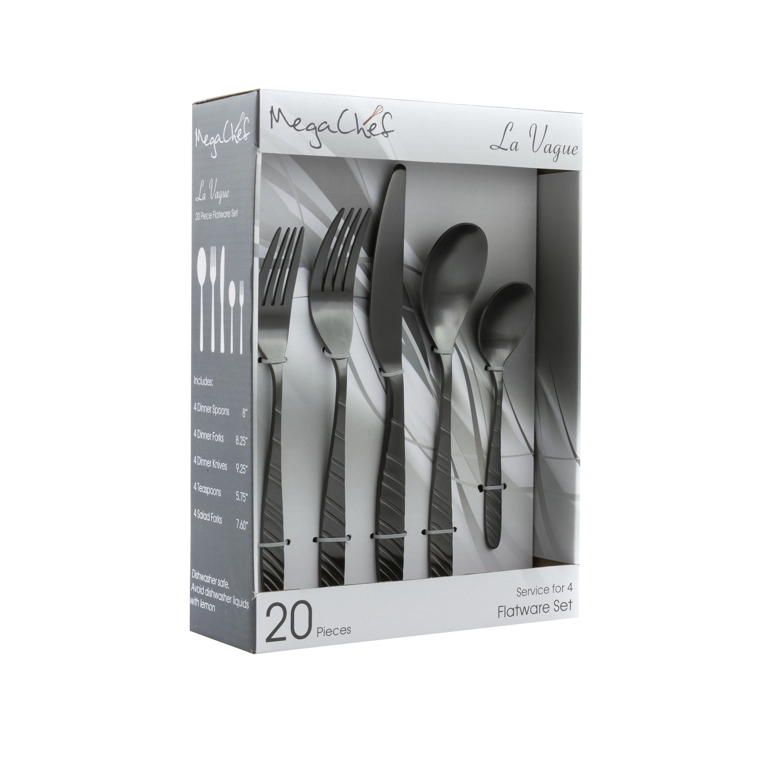 MegaChef La Vague 20 Piece Flatware Utensil Set, Stainless Steel